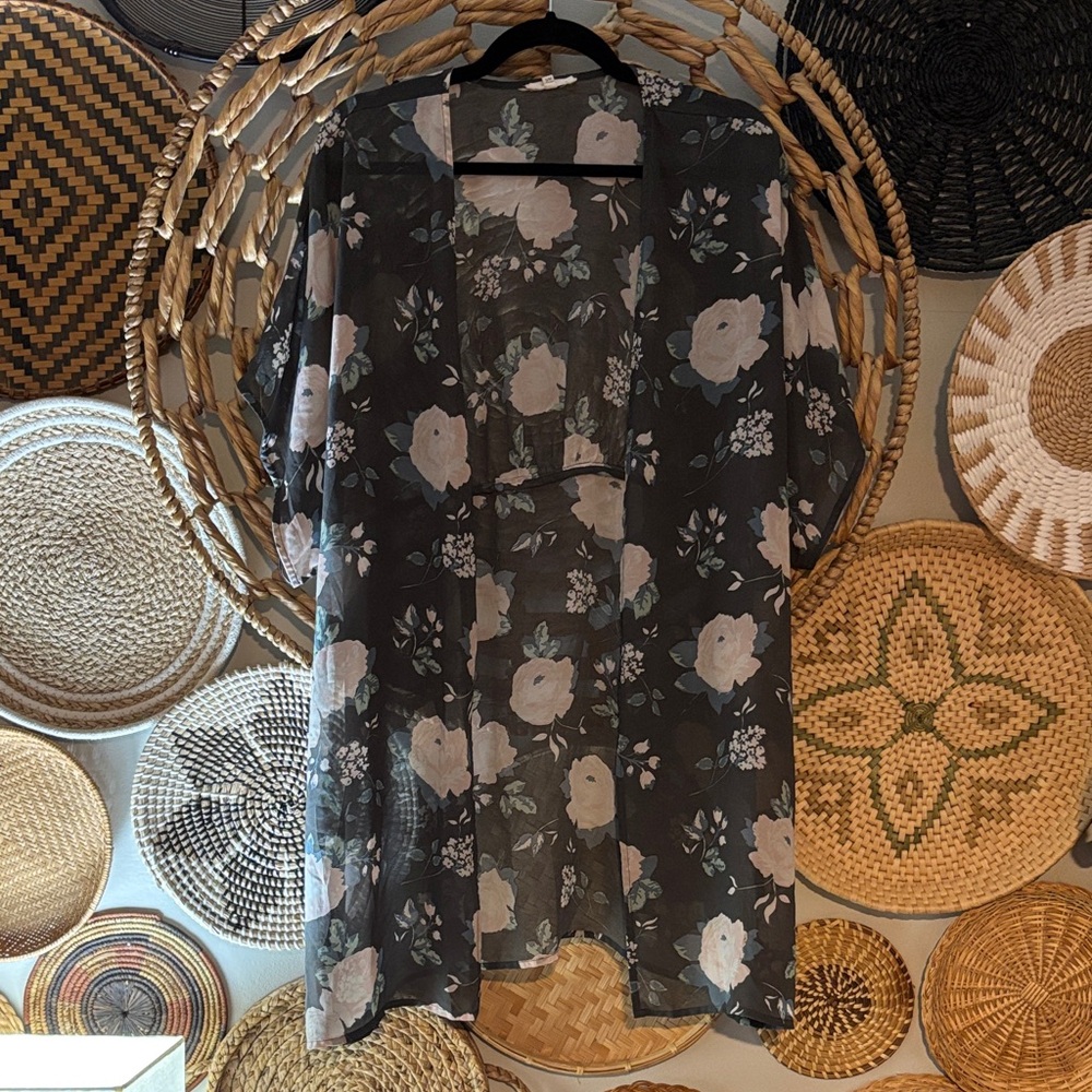 Maurices Sheer Floral Kimono in Gray and Pink